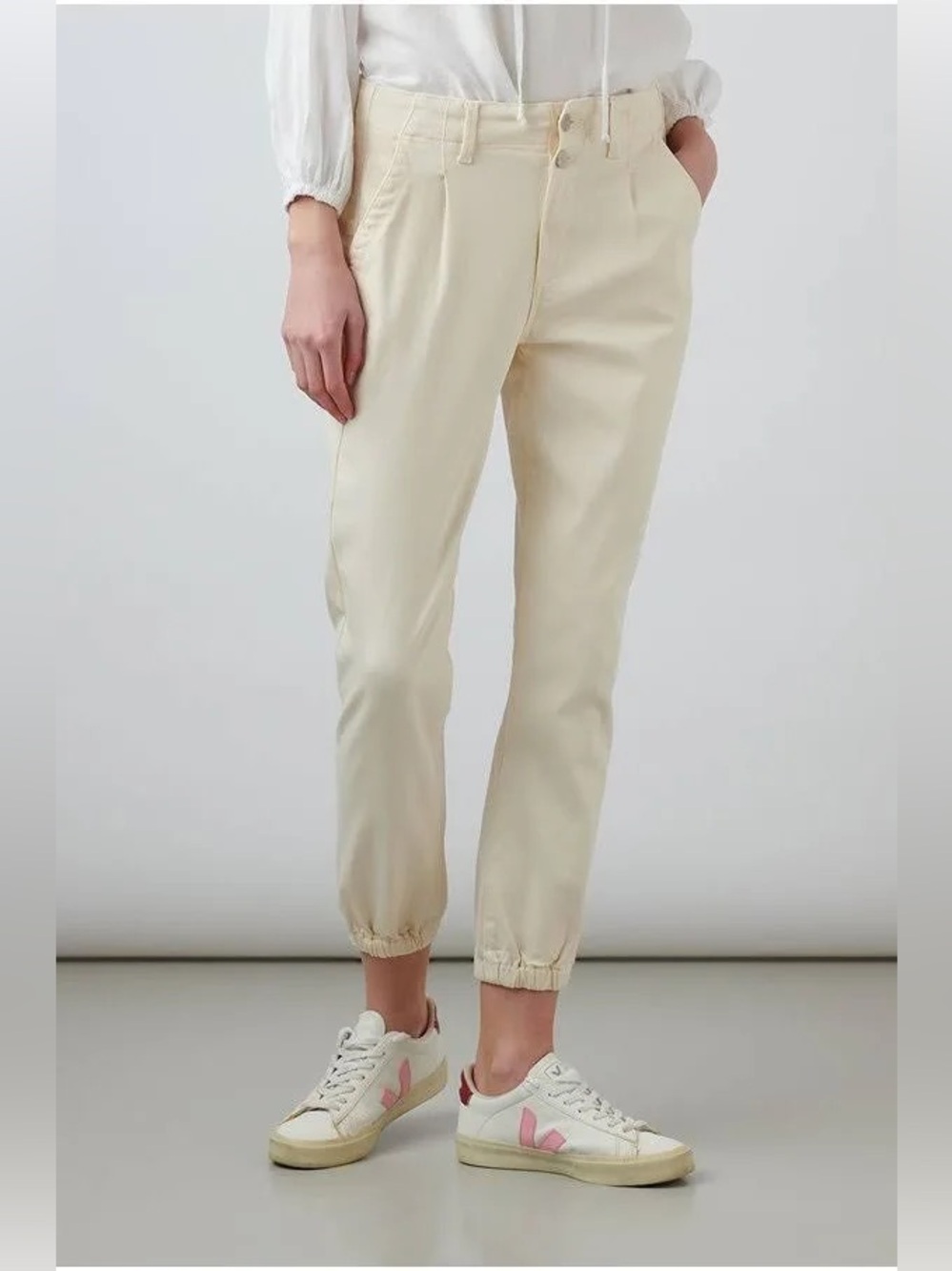 PAIGE Pleated Mayslie Double Button Twill Joggers in Quartz Sand Cream Size 23